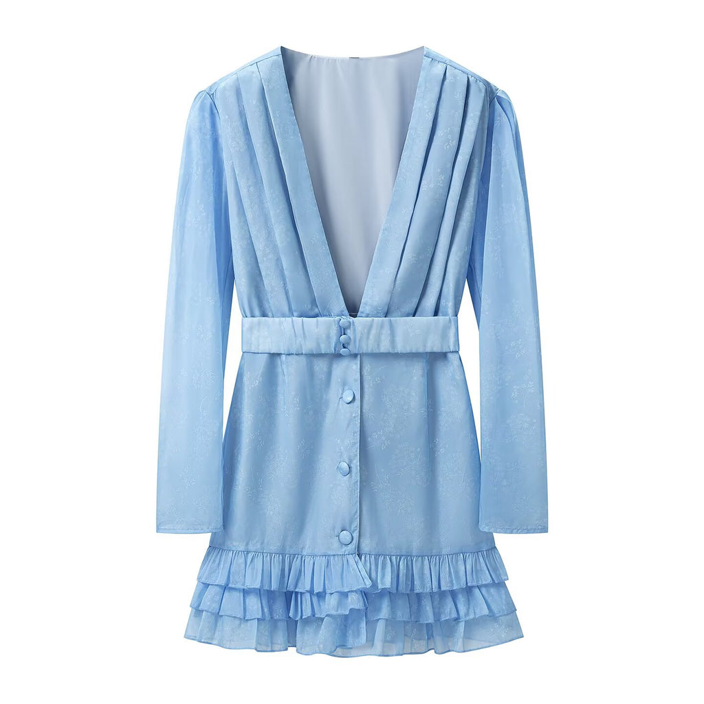 Women's Belted Ruffle Long Sleeve Mini Dress