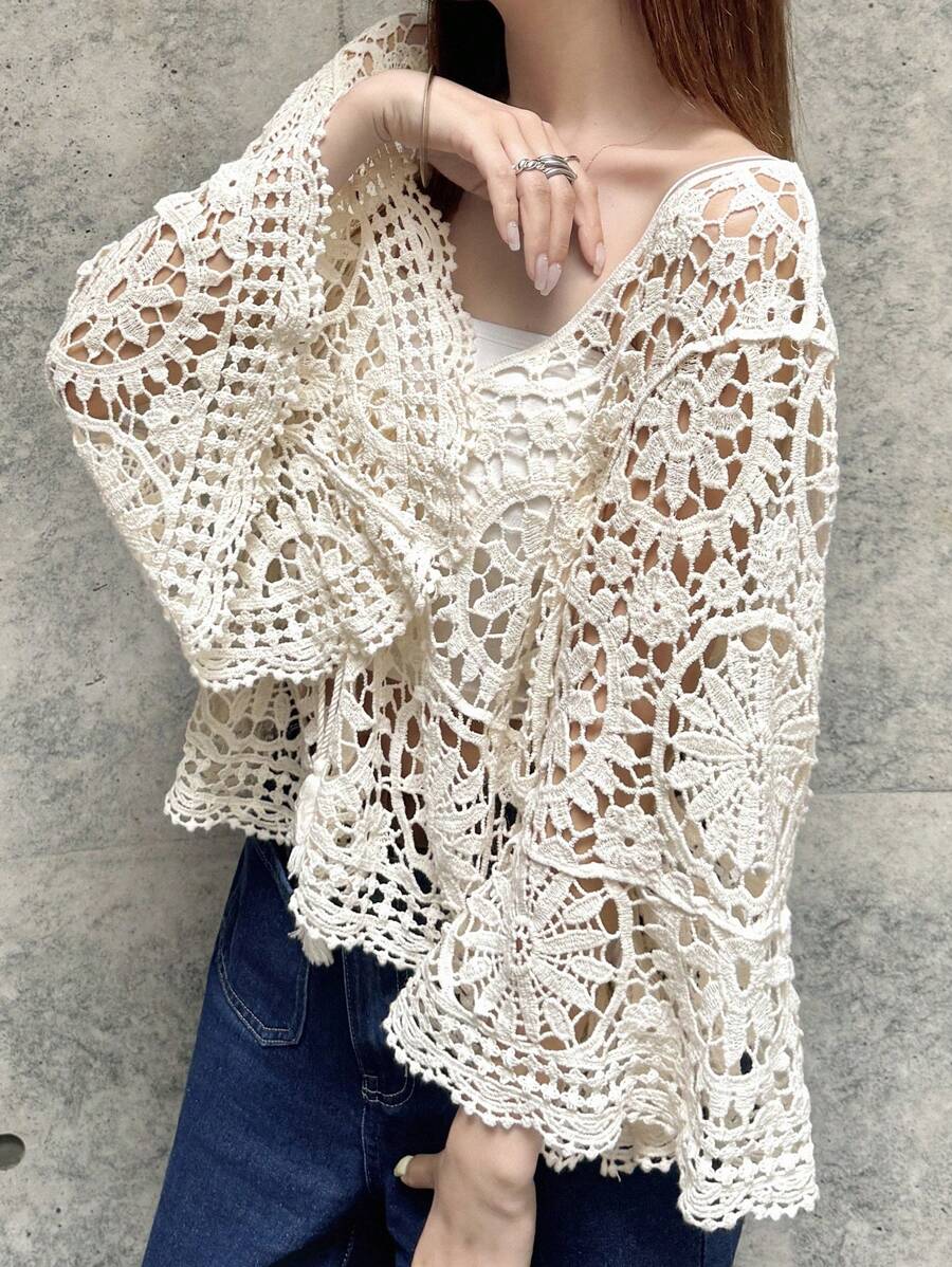 Women Sun Protective Cover Up Lace Crochet Top Outerwear Shawl