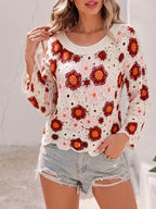 Women Hooked Embroidered Hollowed Out Open Shouldered Long Sleeved Flowered Crewneck Loose Fitting Blouse