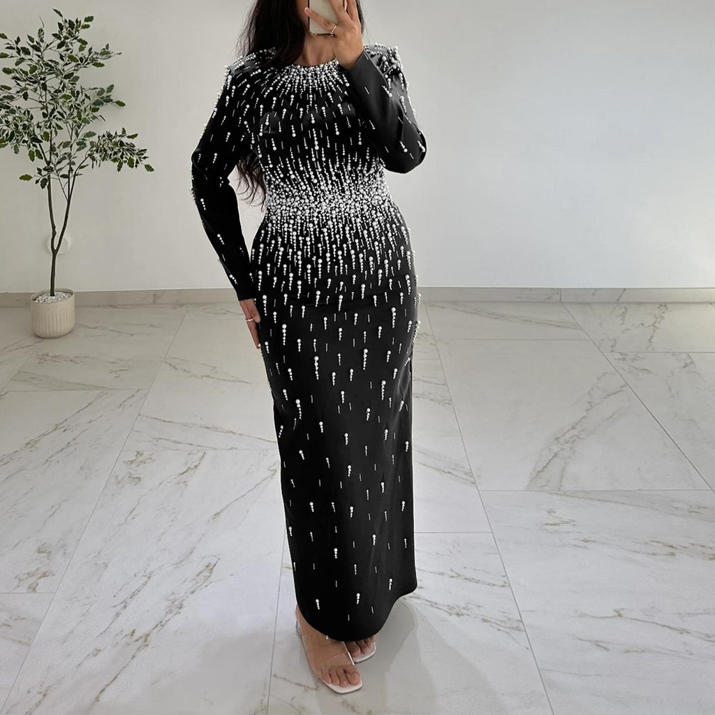 Rhinestone Beaded Long Sleeve Slit Maxi Dress