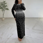Rhinestone Beaded Long Sleeve Slit Maxi Dress