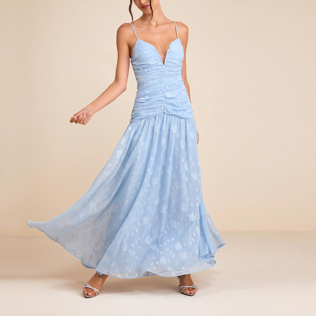 Women's Floral V-Neck Ruched Maxi Dress