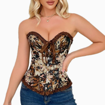 Retro Oil Painting Printing Body Shaping Top Women Front Row Buttons Strapless Belly Contracting Corset
