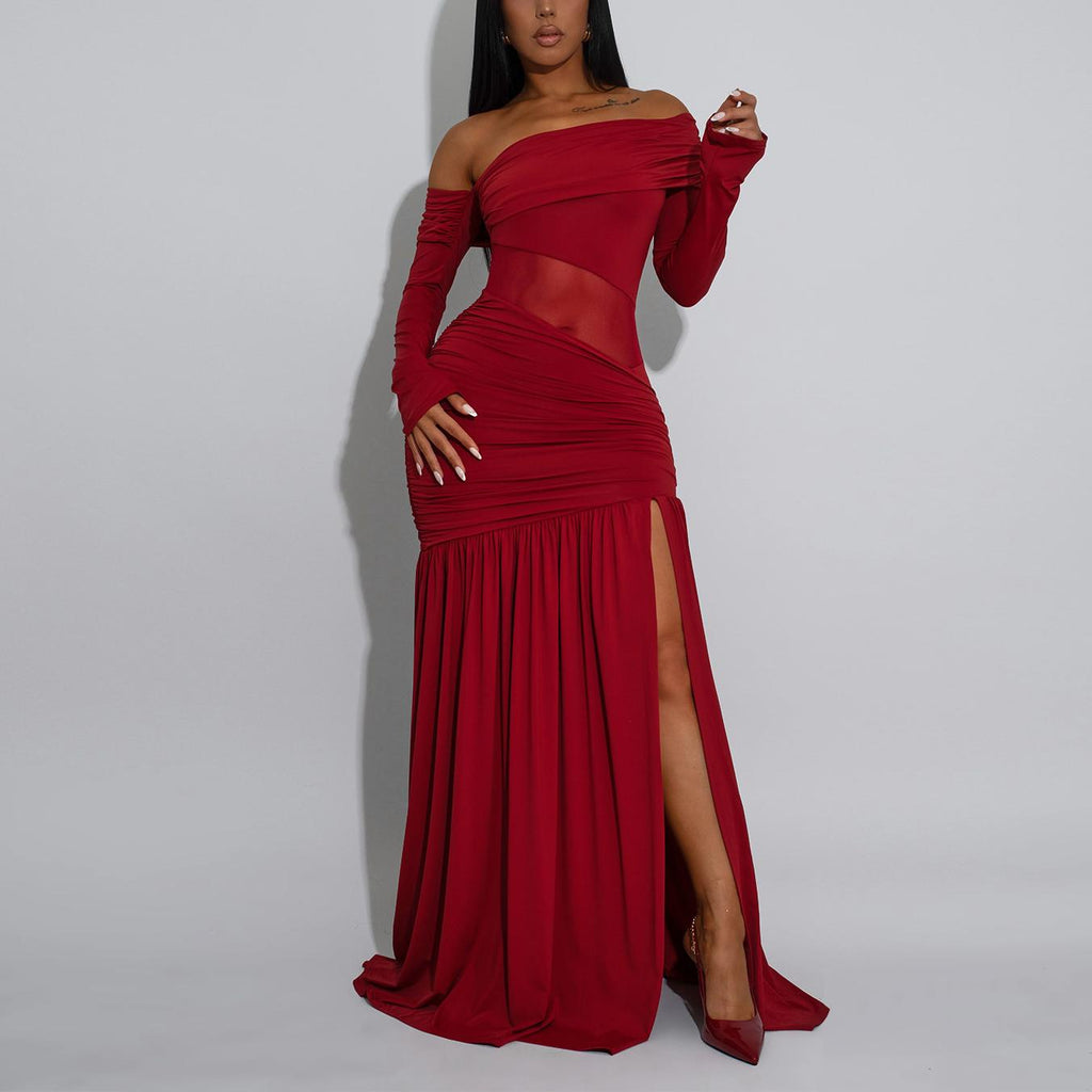 Women's Sheer One-Shoulder Ruched Maxi Dress