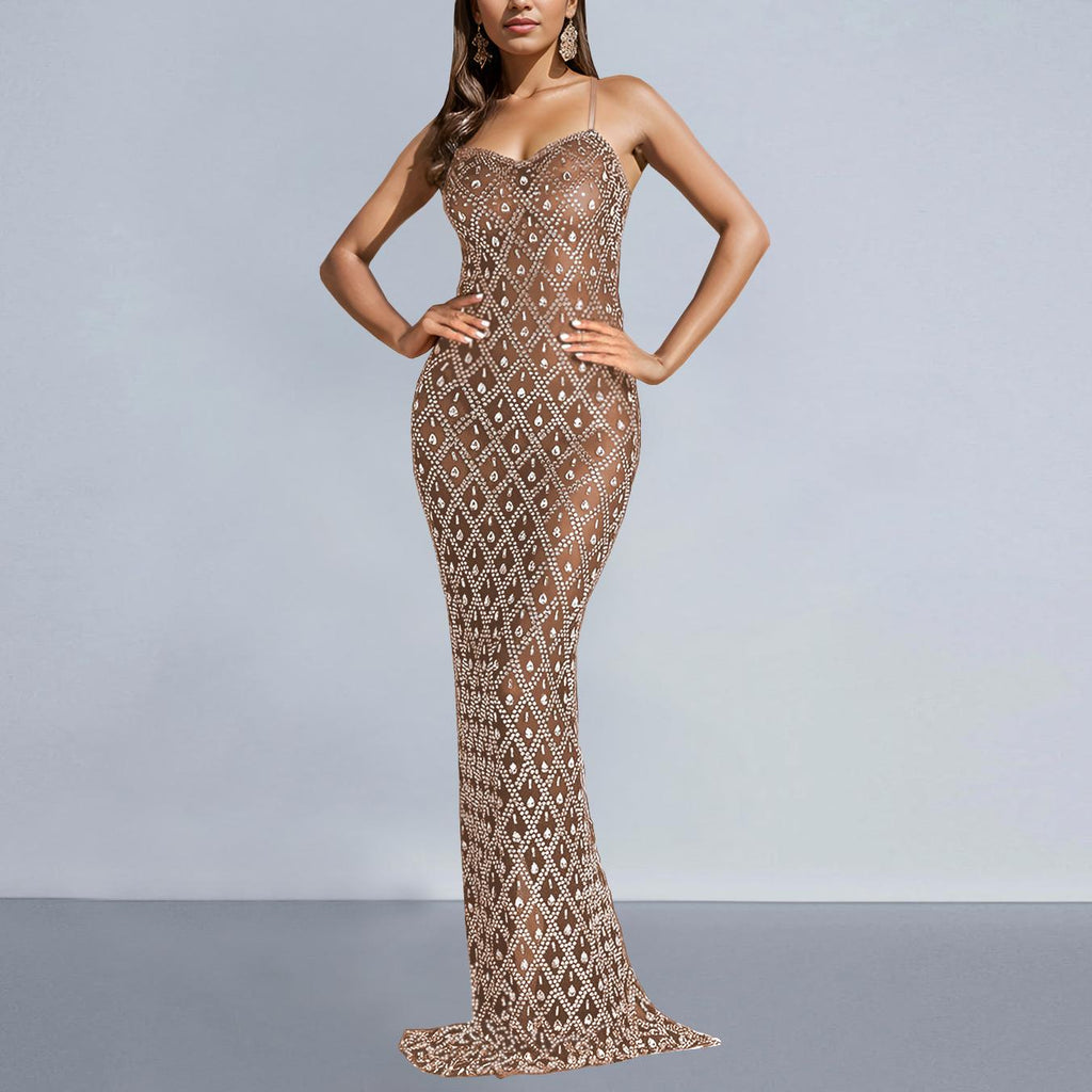 Women's Rhinestone Mesh Cami Slit Bodycon Maxi Dress