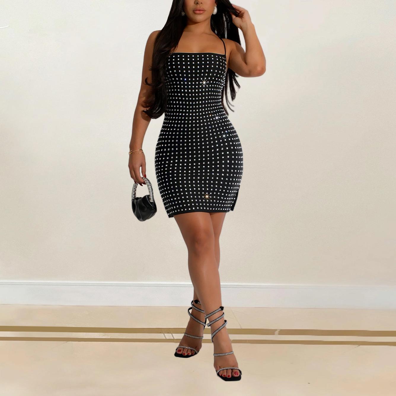 Women's Rhinestone Halter Backless Mini Dress
