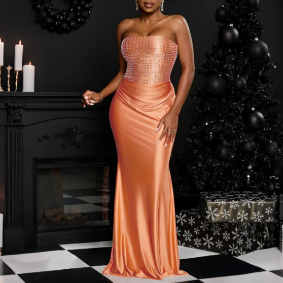 Women's Rhinestone Strapless Ruched Maxi Dress