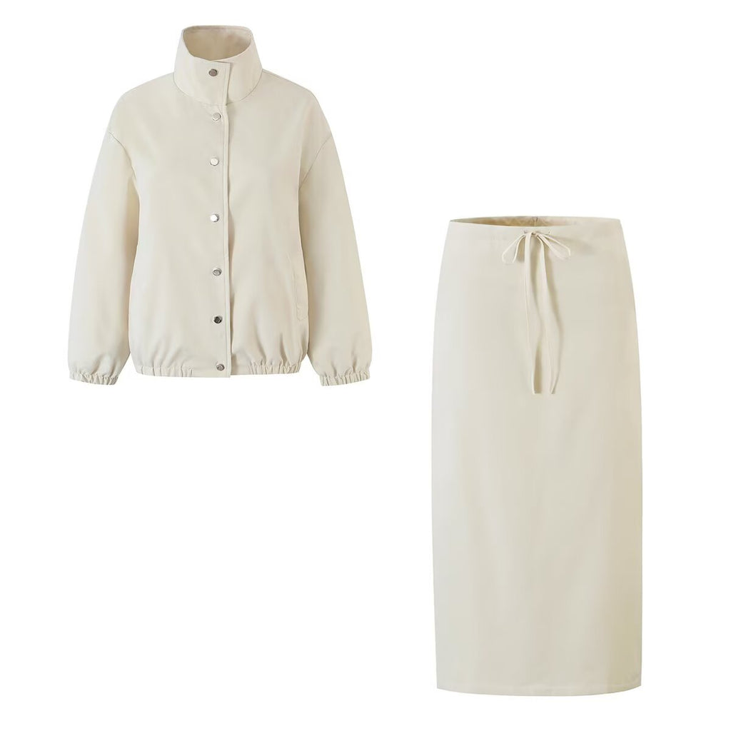 Women Clothing Autumn Workwear Collared Trench Coat Simple Drawstring Pocket Skirt Sets