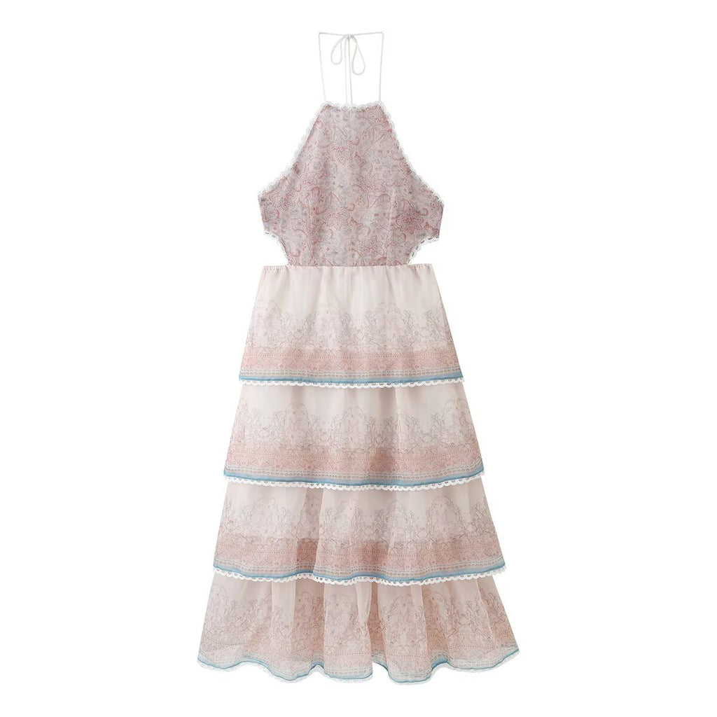 Women's Embroidered Lace-Up Halter Maxi Dress