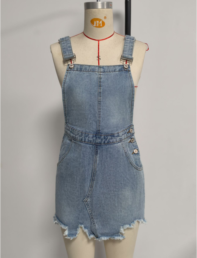 Women's Distressed Denim Suspender Skirt