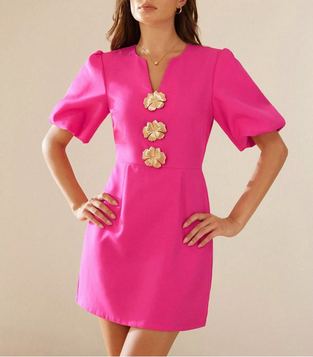 Women's V-Neck Puff Sleeve Button Mini Dress