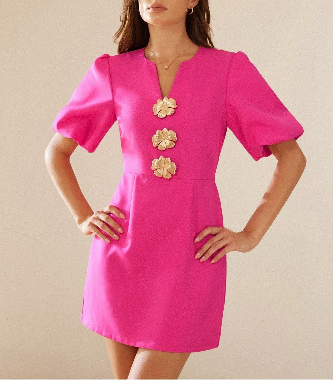 Women's V-Neck Puff Sleeve Button Mini Dress
