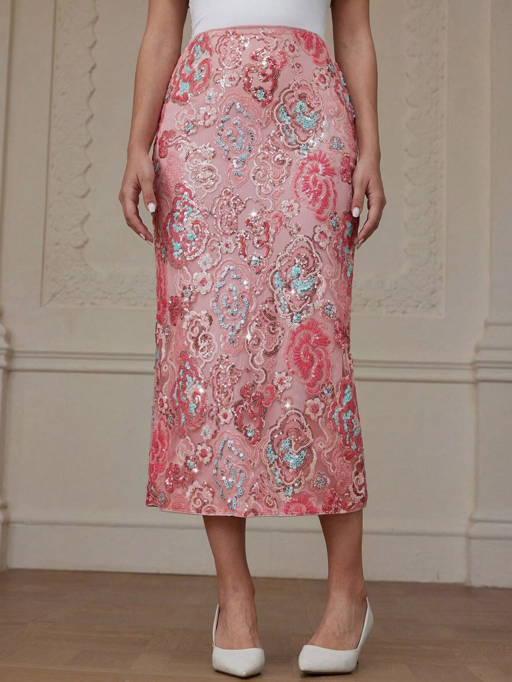 Women's Floral Sequin Slit Pencil Skirt