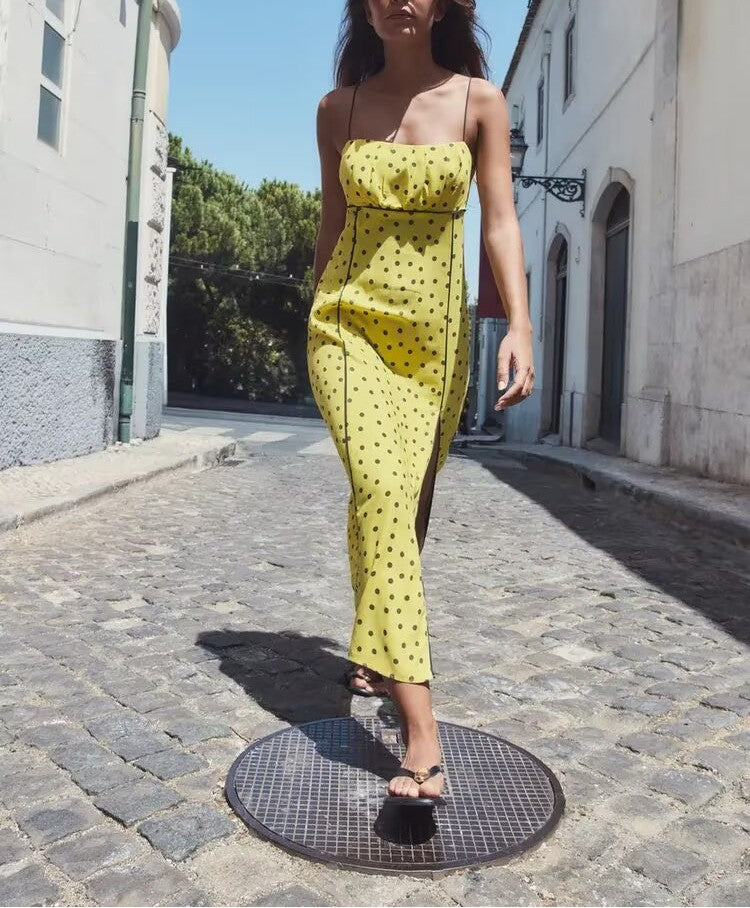 Women's Polka Dot Ruched Strap Midi Dress