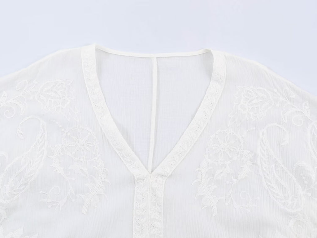 Embroidered V-Neck Loose Blouse
