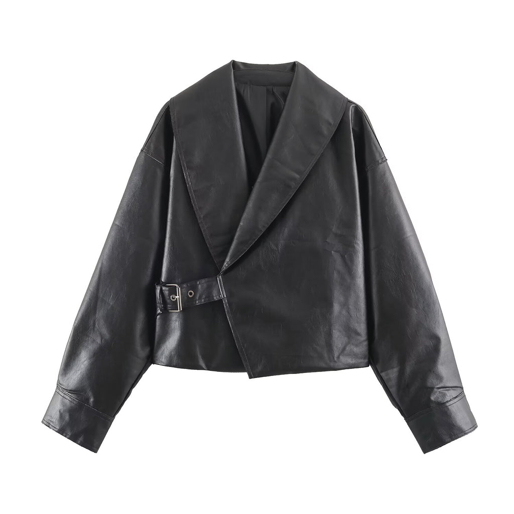 Women's Faux Leather Buckle Coat
