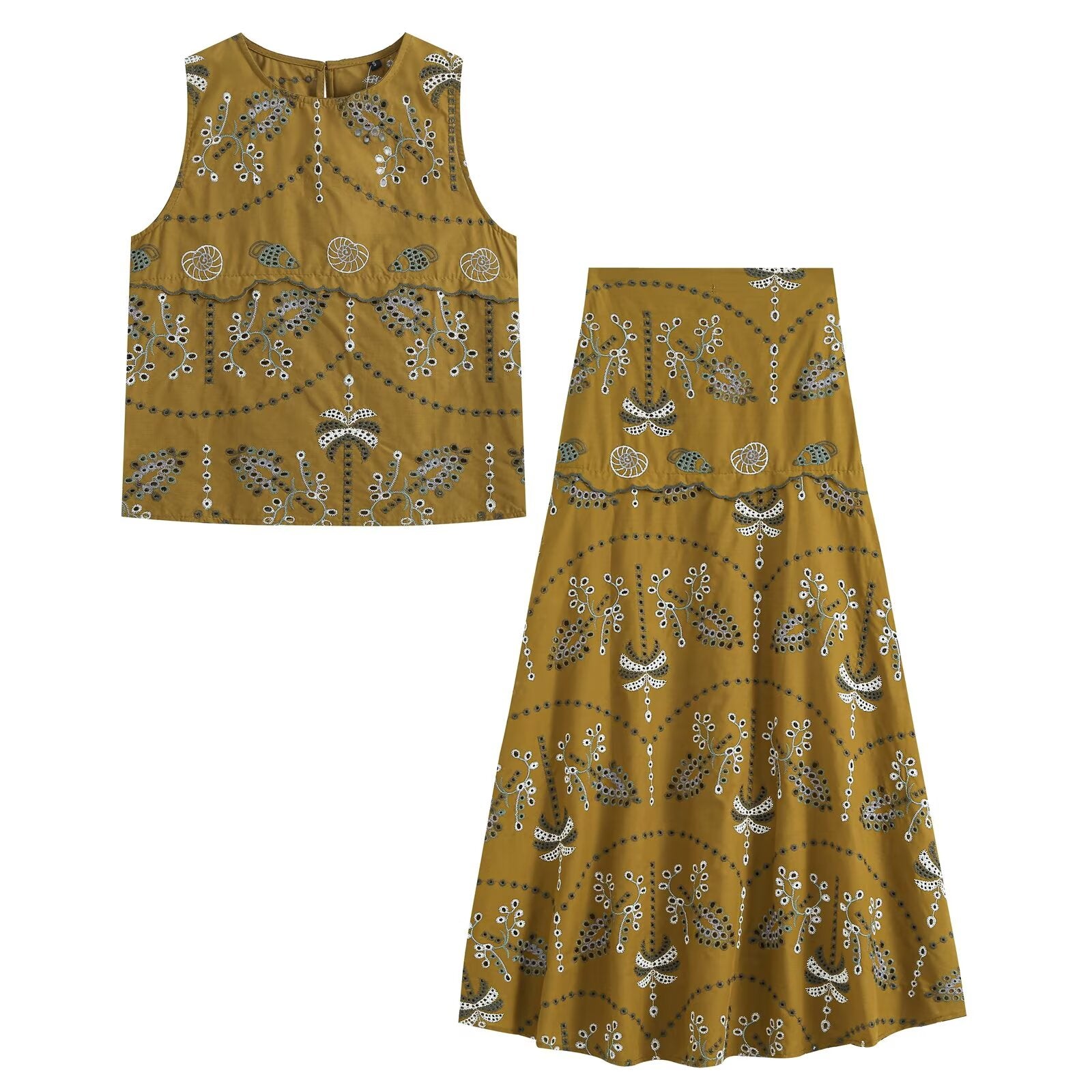 Women's Embroidered Sleeveless Top & Midi Skirt Set