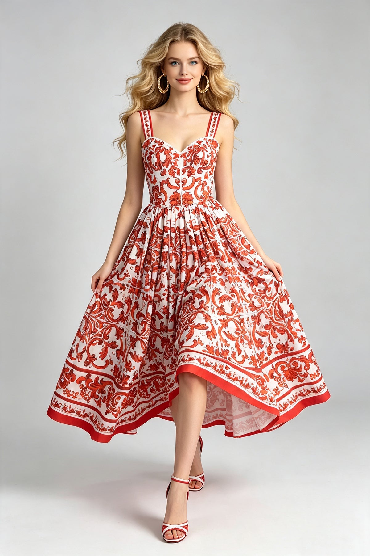 Women's Printed Sweetheart A-Line Midi Dress