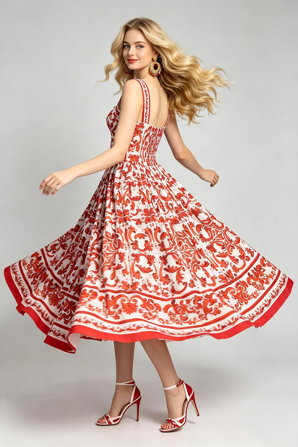 Women's Printed Sweetheart A-Line Midi Dress