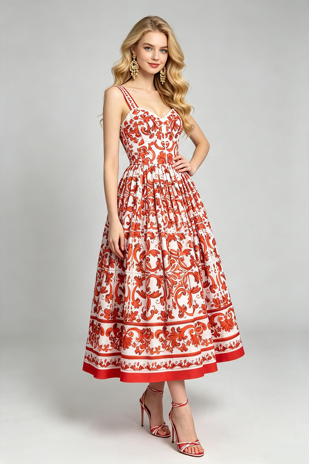 Women's Printed Sweetheart A-Line Midi Dress