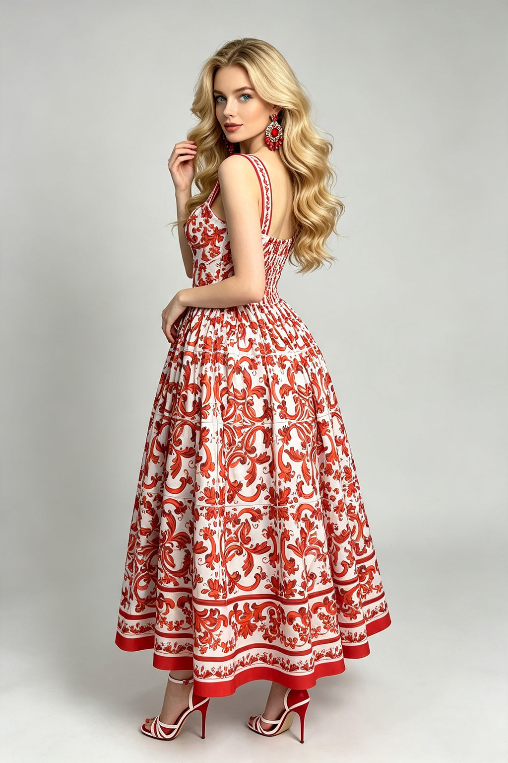 Women's Printed Sweetheart A-Line Midi Dress