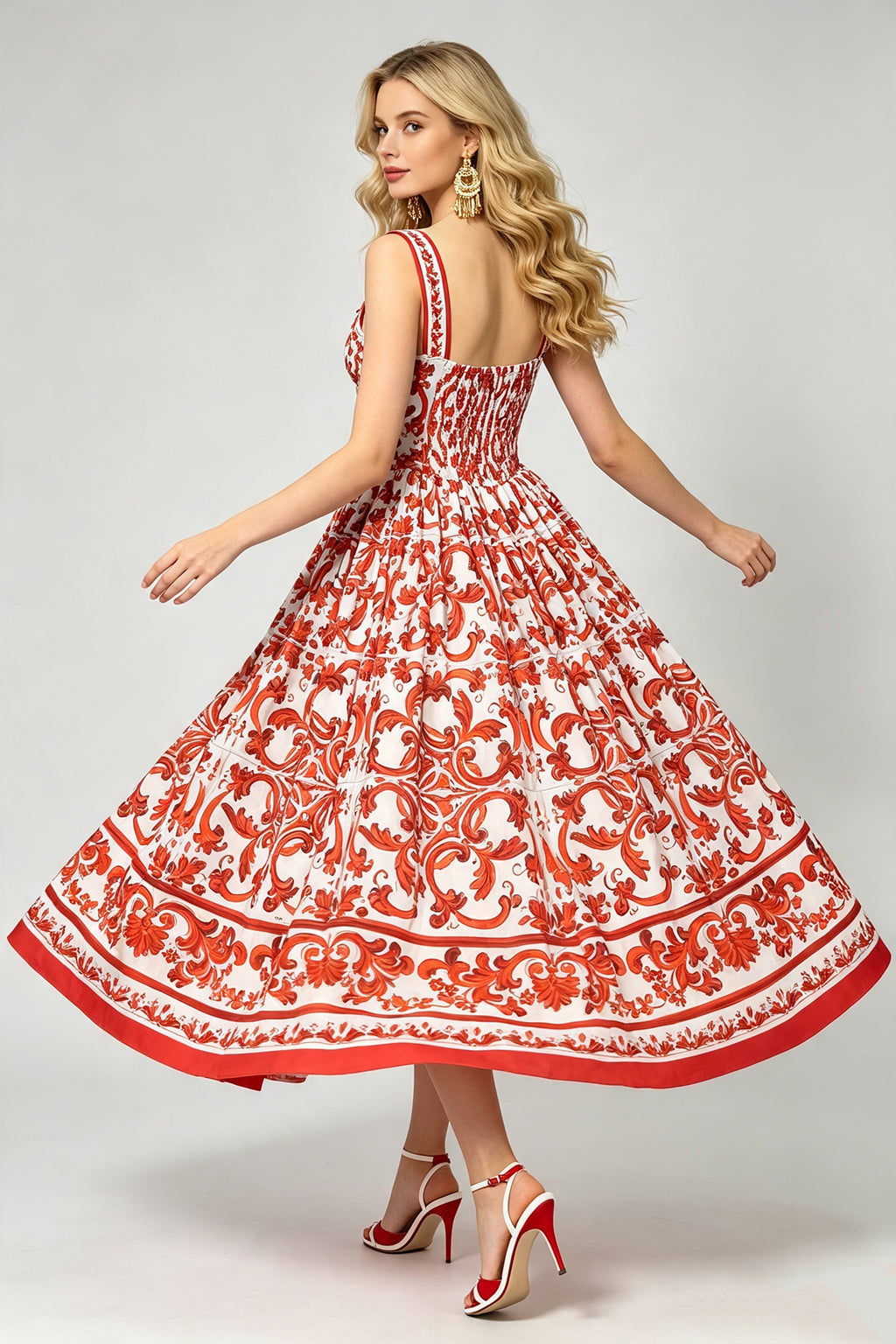 Women's Printed Sweetheart A-Line Midi Dress