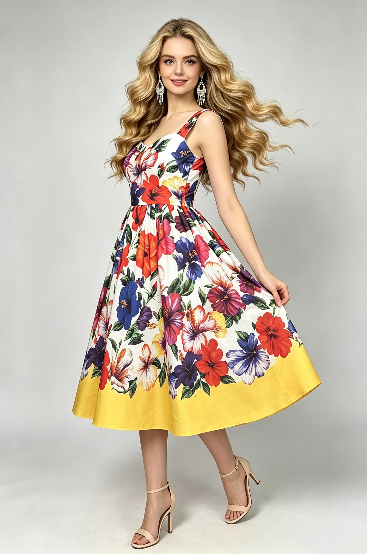 Women's Printed Sweetheart A-Line Midi Dress