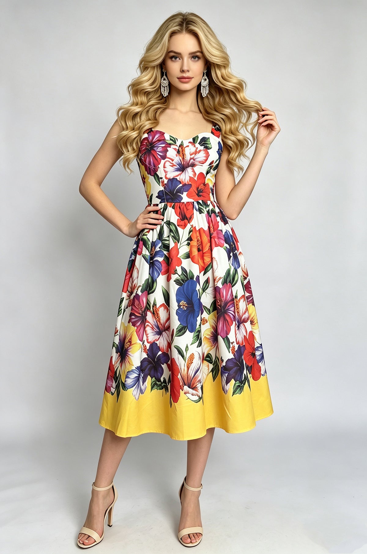 Women's Printed Sweetheart A-Line Midi Dress