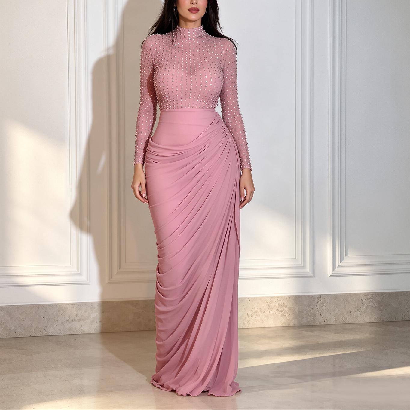Women's Rhinestone Mesh Ruffle Dinner Dress Set