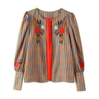 Women Clothing Special Interest Striped Floral Embroidered Crew Neck Coat