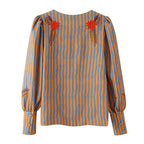 Women Clothing Special Interest Striped Floral Embroidered Crew Neck Coat