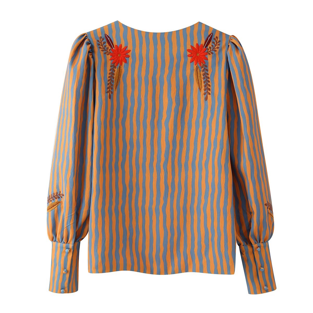 Women Clothing Special Interest Striped Floral Embroidered Crew Neck Coat