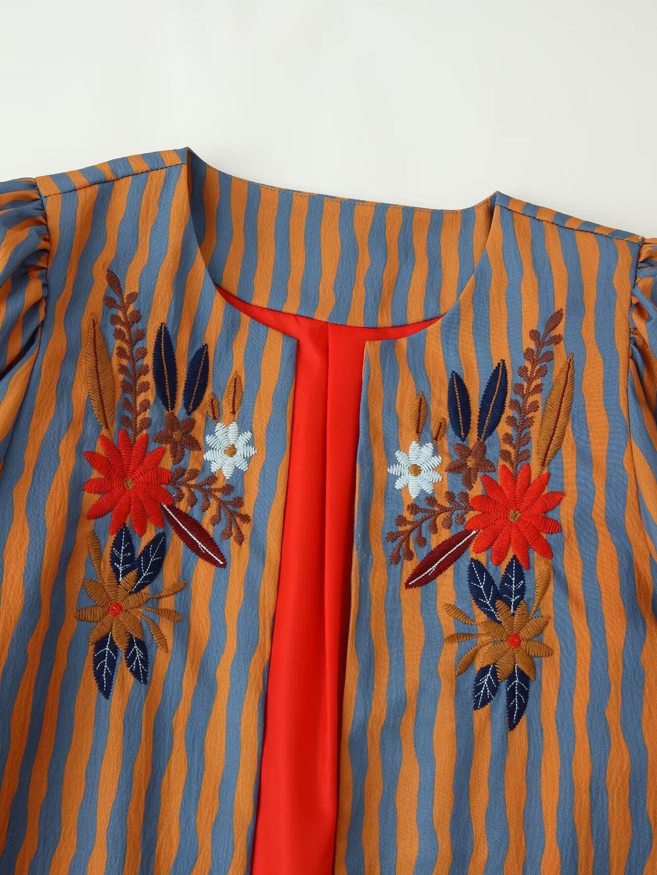 Women Clothing Special Interest Striped Floral Embroidered Crew Neck Coat