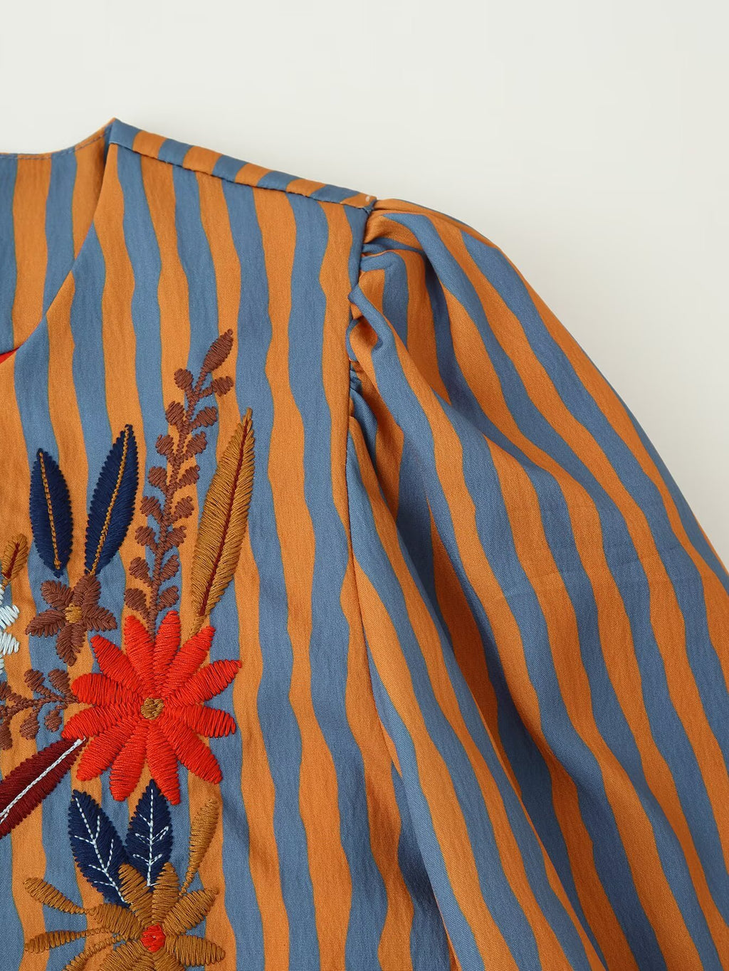 Women Clothing Special Interest Striped Floral Embroidered Crew Neck Coat
