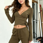 Women's Lace-Up V-Neck Long-Sleeve Top