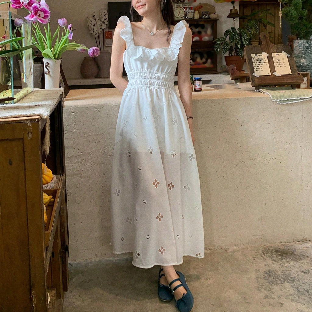 Women's White Embroidered Ruffle Cami Dress