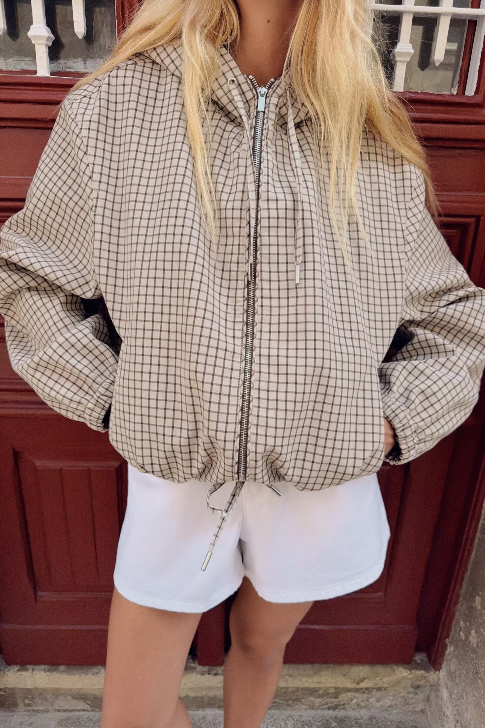 Women's Plaid Hooded Lace-Up Jacket