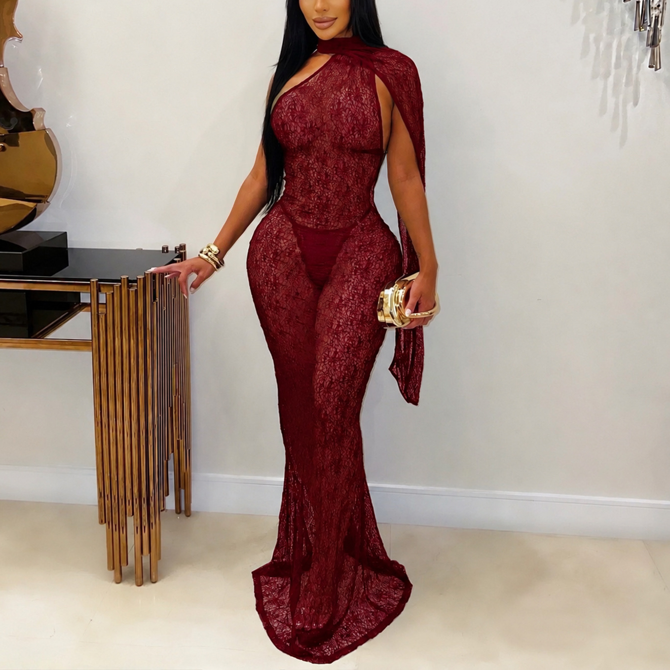 Women's Sheer Lace Halter Fishtail Dress