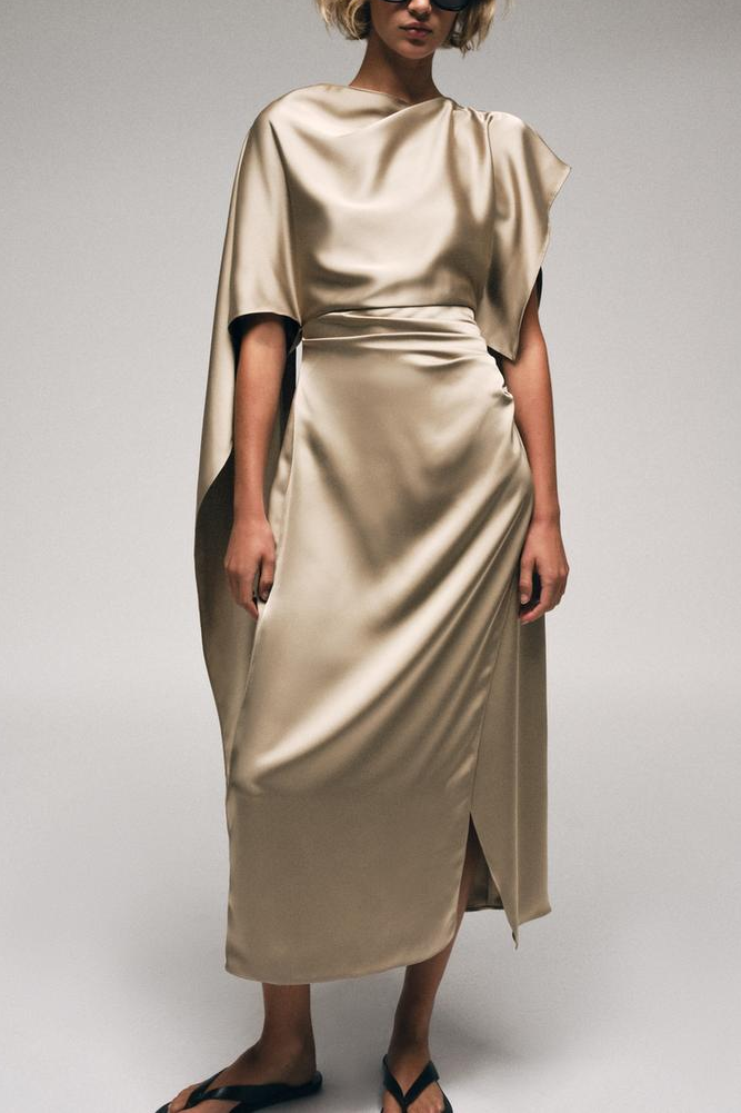 Women's Satin-Texture Asymmetric Midi Dress