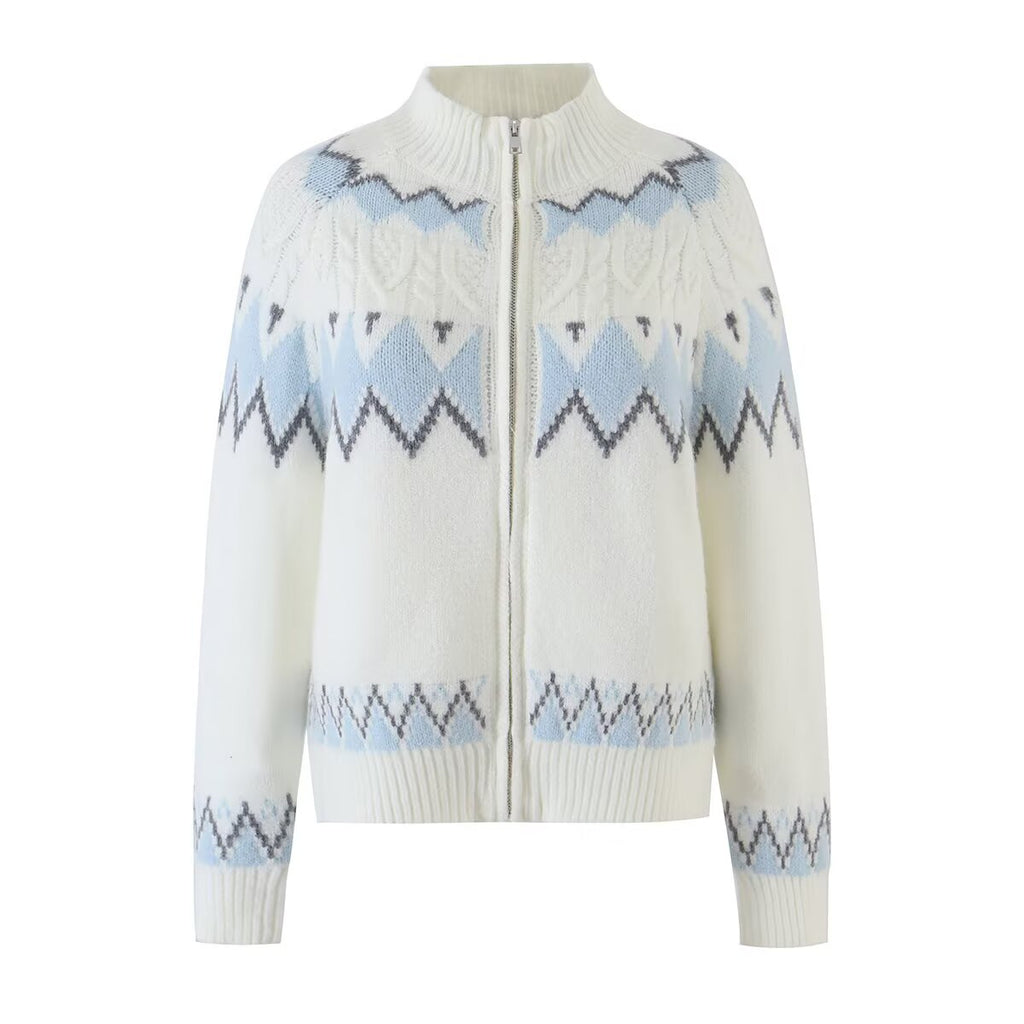 Women's Retro Jacquard Zip-Up Cardigan