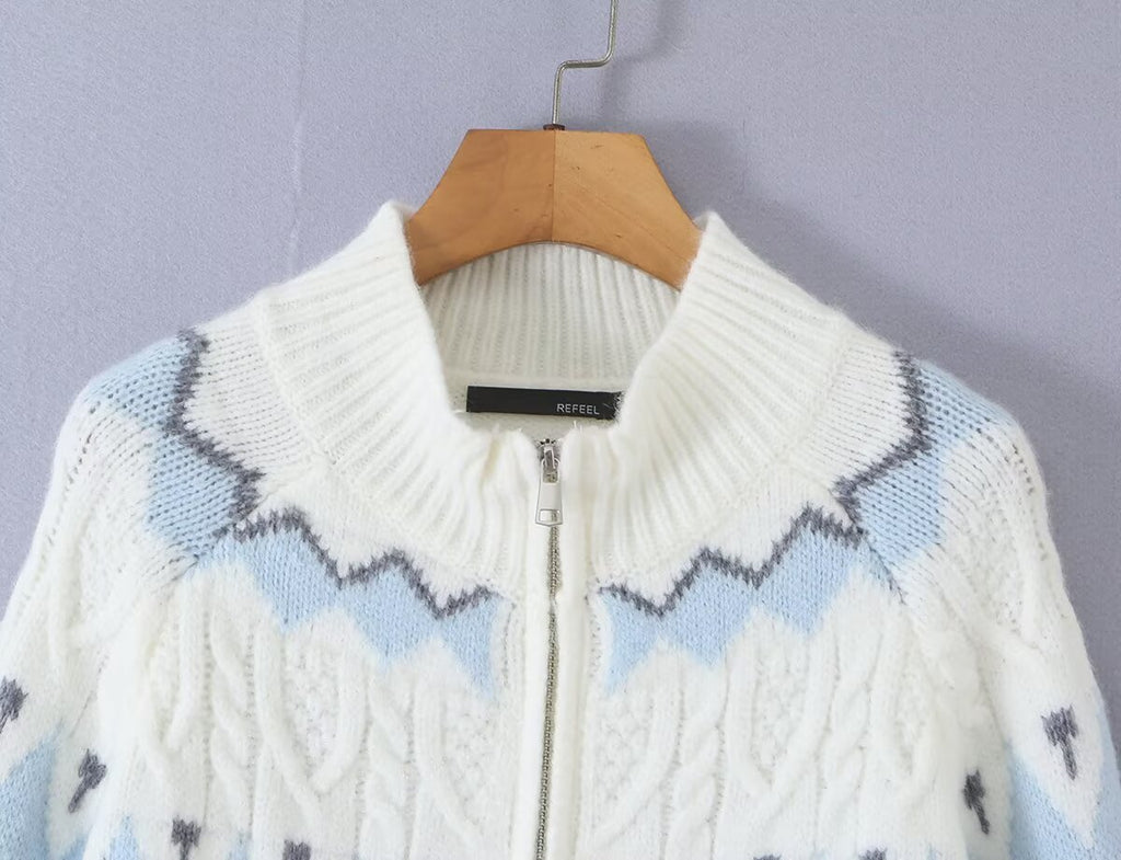 Women's Retro Jacquard Zip-Up Cardigan