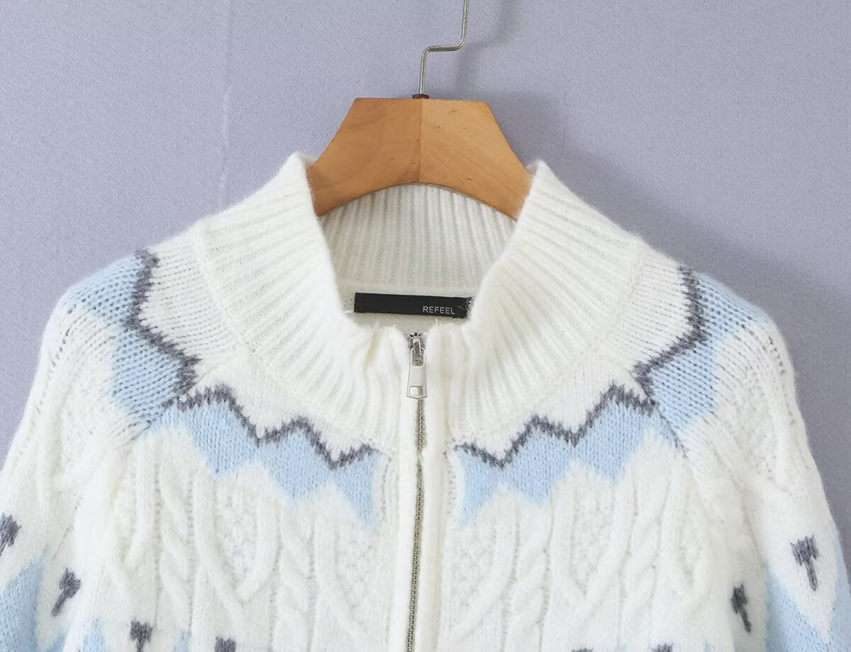 Women's Retro Jacquard Zip-Up Cardigan