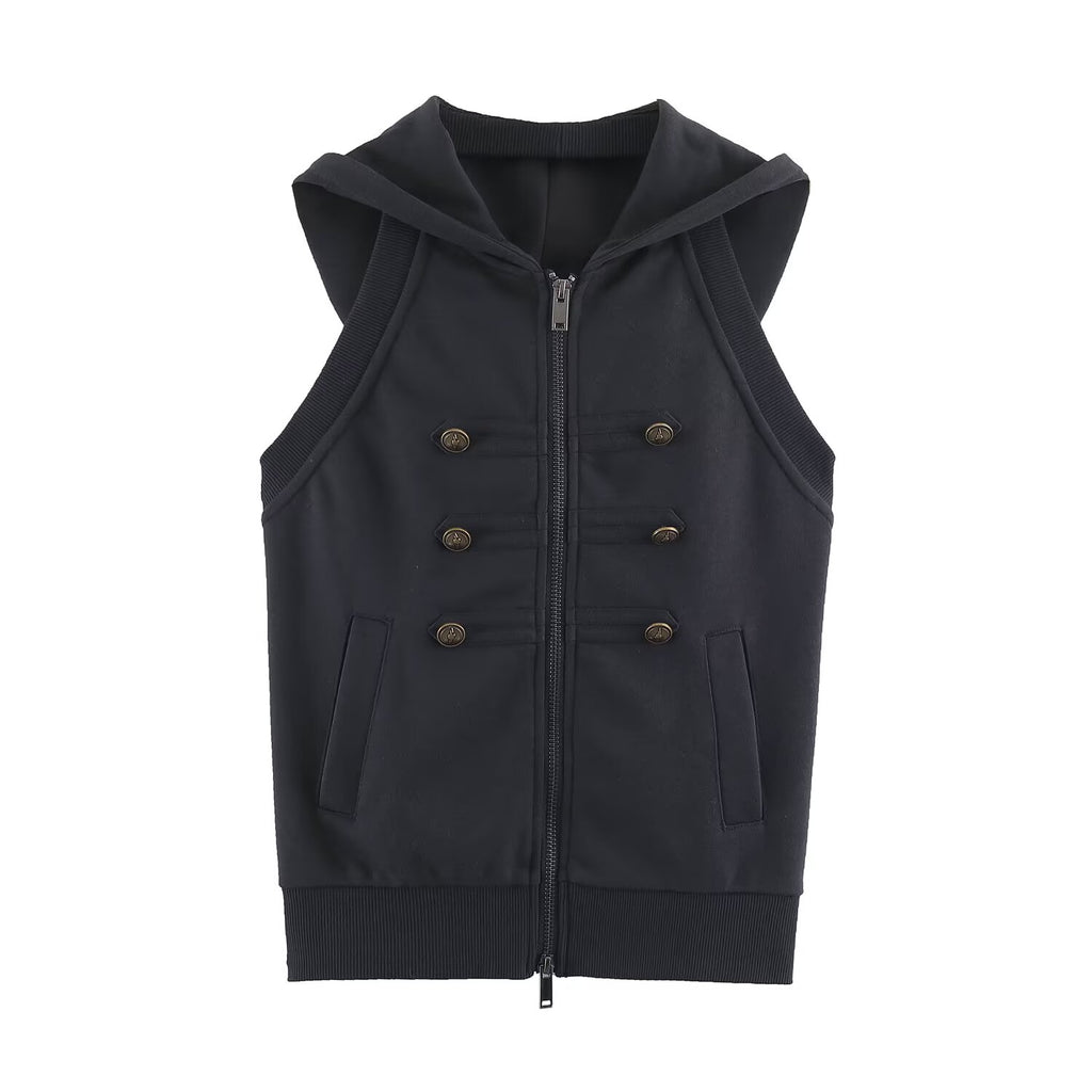 Women's Hooded Double-Breasted Sleeveless Vest