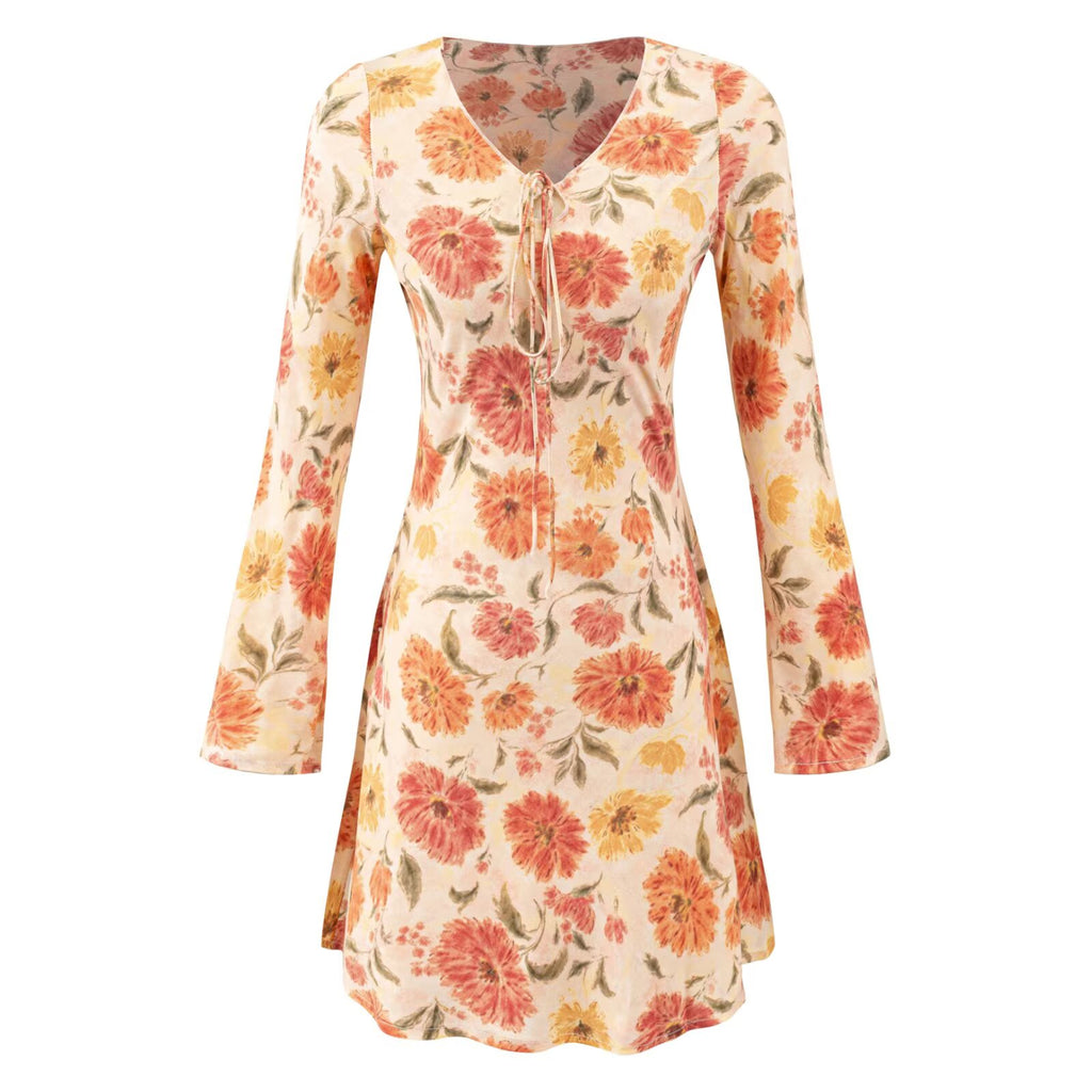 Women's Floral V-Neck Long-Sleeve Dress