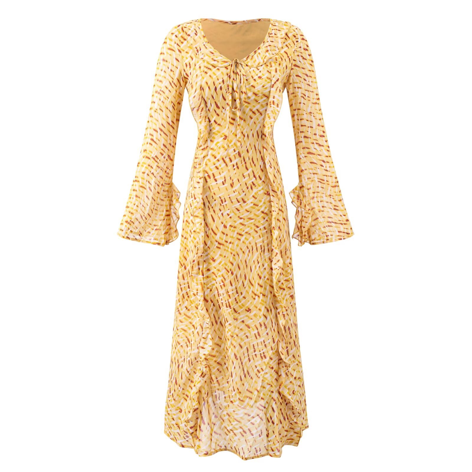 Women's Striped Ruffle-Sleeve Maxi Dress