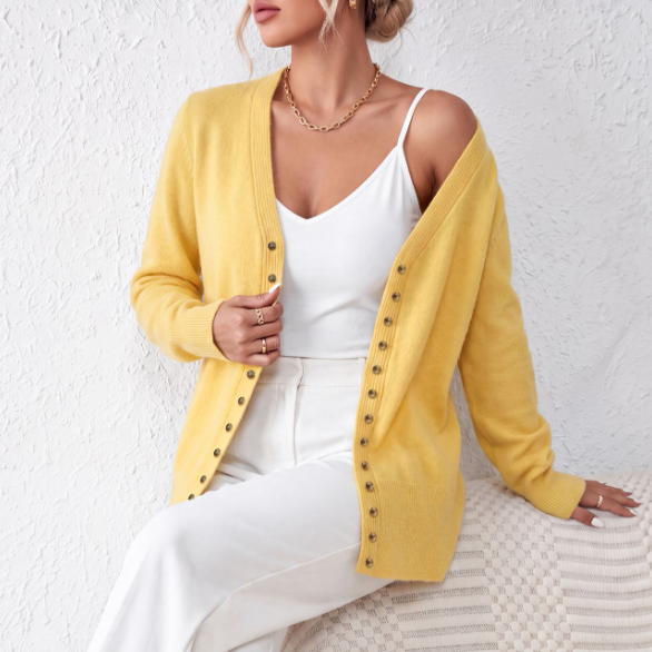 Women's Yellow V-Neck Knit Cardigan