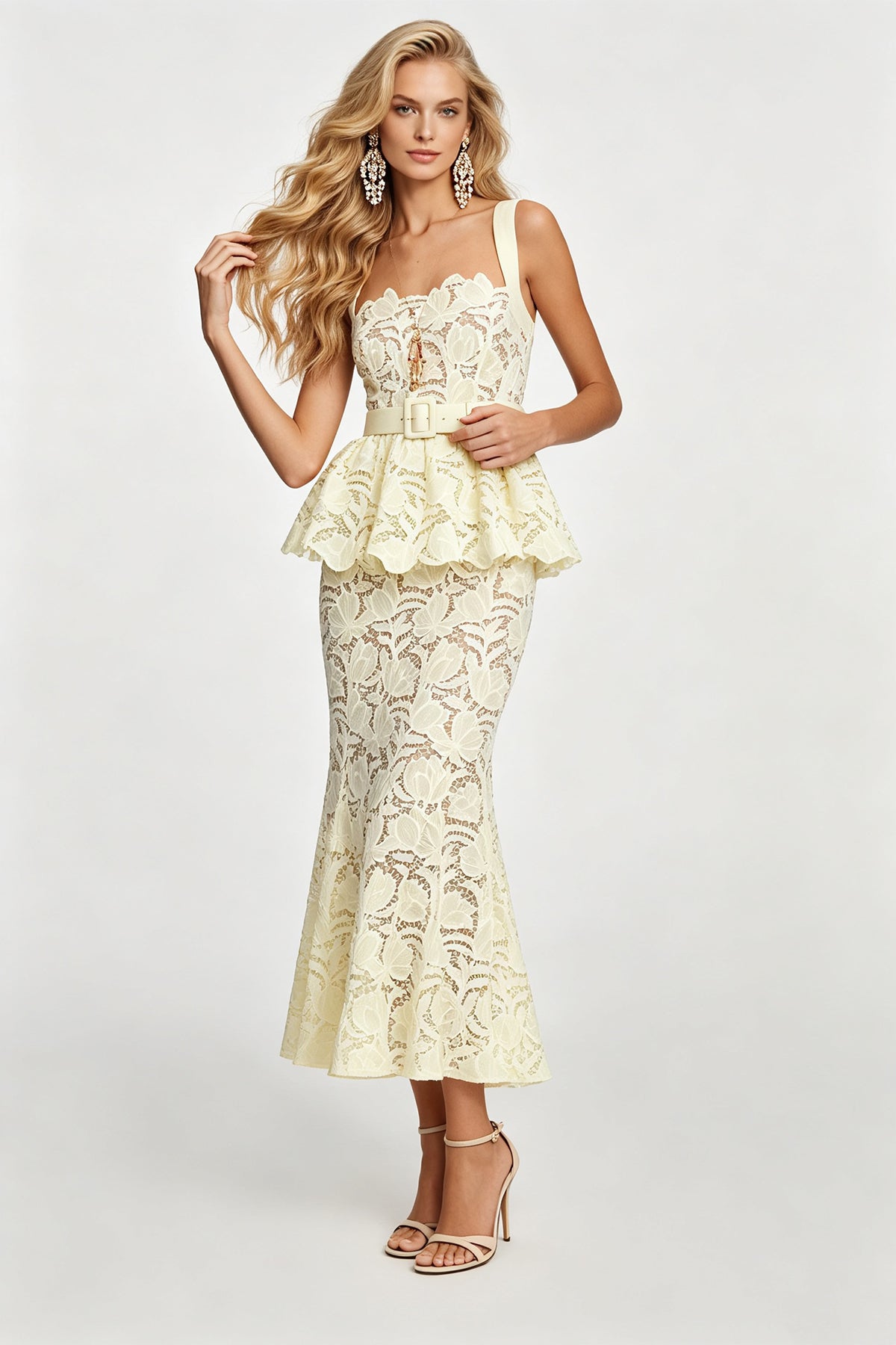 Women's Lace Formal Dress with Belted Waist
