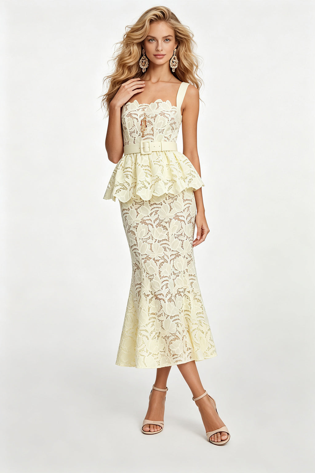 Women's Lace Formal Dress with Belted Waist