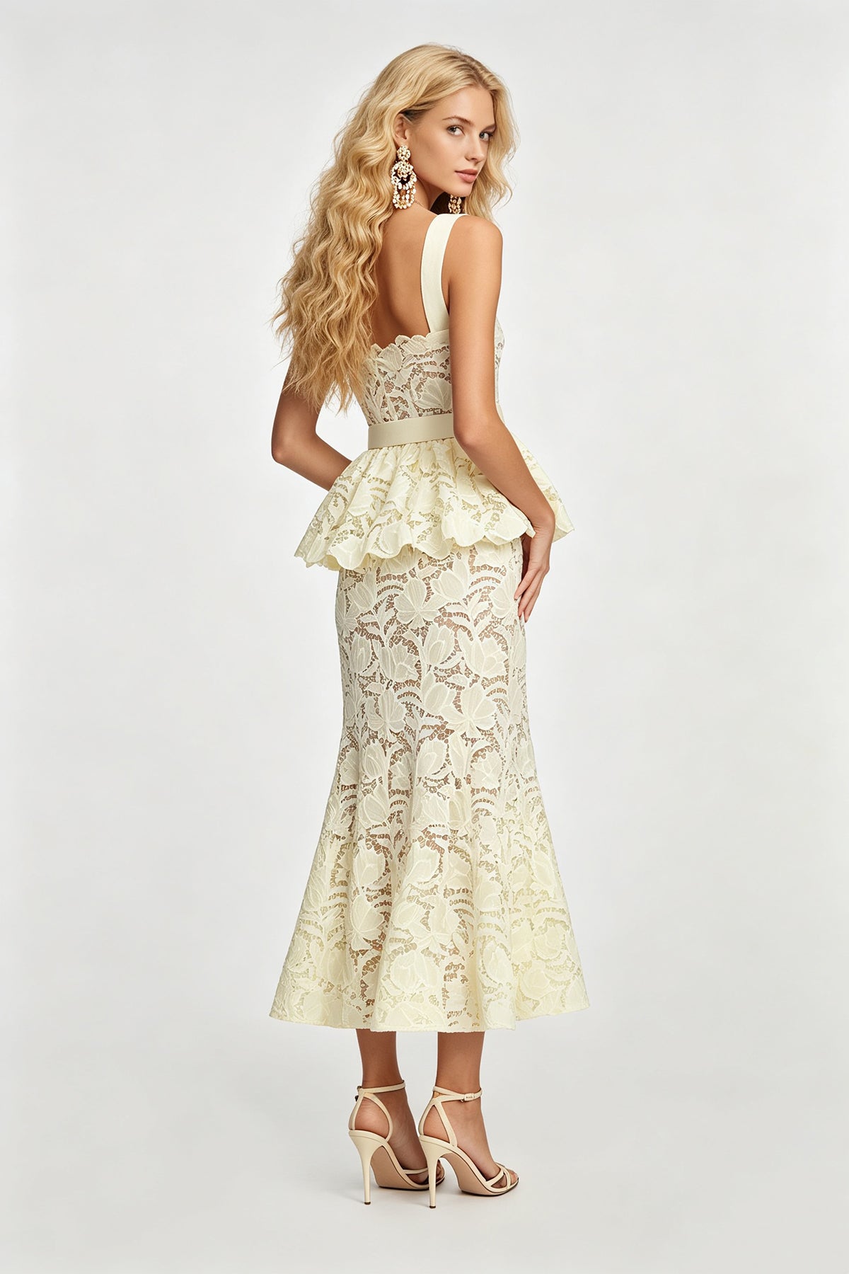 Women's Lace Formal Dress with Belted Waist
