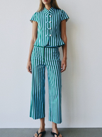 Women's Striped Button-Up Top and Wide-Leg Pants Set